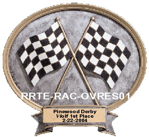 pinewood derby trophy - racing flag oval resin, large image