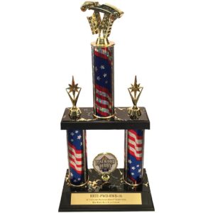 16" 2-column Pinewood Derby® trophy with red/white/blue flag column